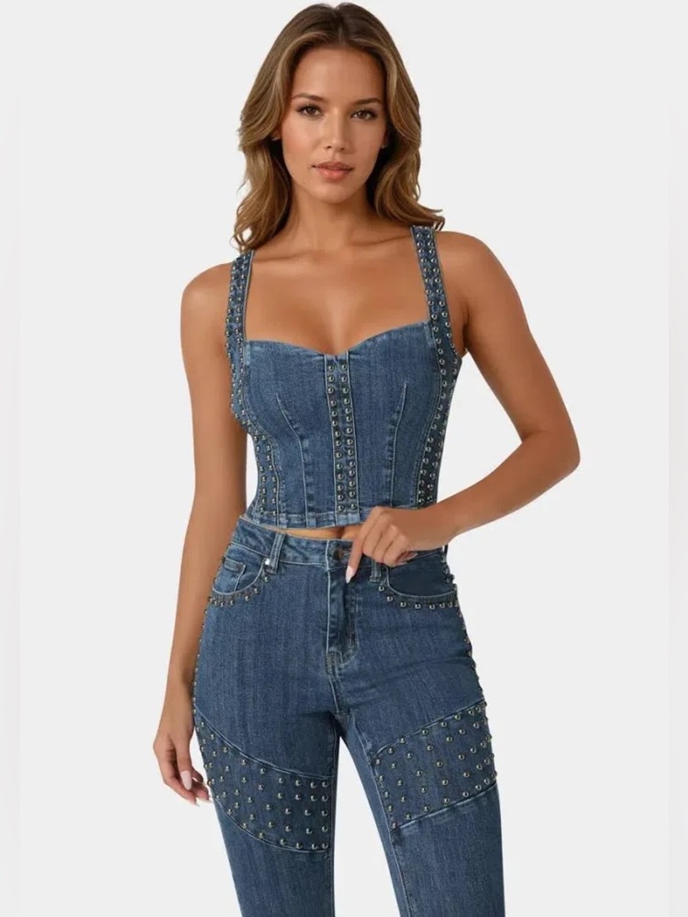 BEBE Sleeveless Sweetheart Studded Denim Corset Top Size XS NWT RETAIL $109